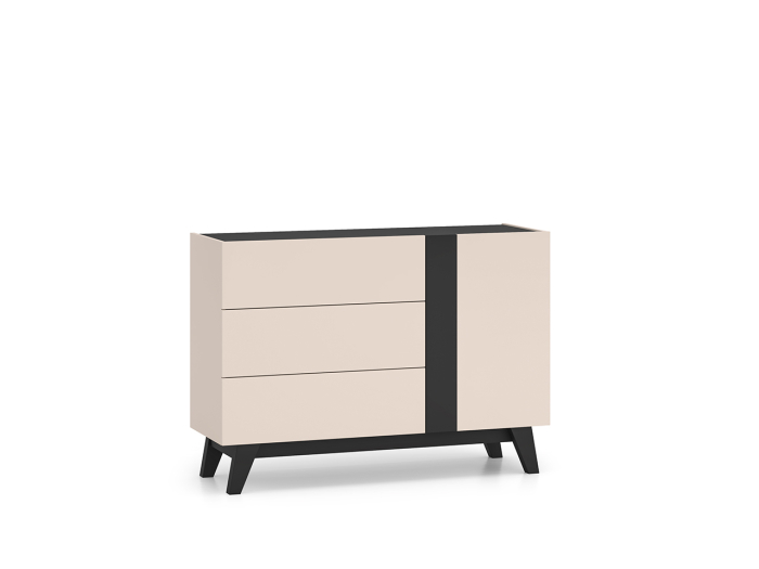 Comoda cu 1 usa si 3 sertare , pal casmir/negru, pe picioare, 120cm lungime x 40cm adancime x 85 cm inaltime, deschidere push open, canturi abs, inchidere usi silentioasa [6]