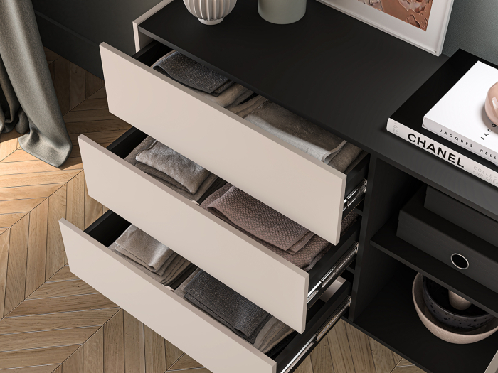 Comoda cu 1 usa si 3 sertare , pal casmir/negru, pe picioare, 120cm lungime x 40cm adancime x 85 cm inaltime, deschidere push open, canturi abs, inchidere usi silentioasa [4]