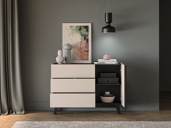 Comoda cu 1 usa si 3 sertare , pal casmir/negru, pe picioare, 120cm lungime x 40cm adancime x 85 cm inaltime, deschidere push open, canturi abs, inchidere usi silentioasa [5]