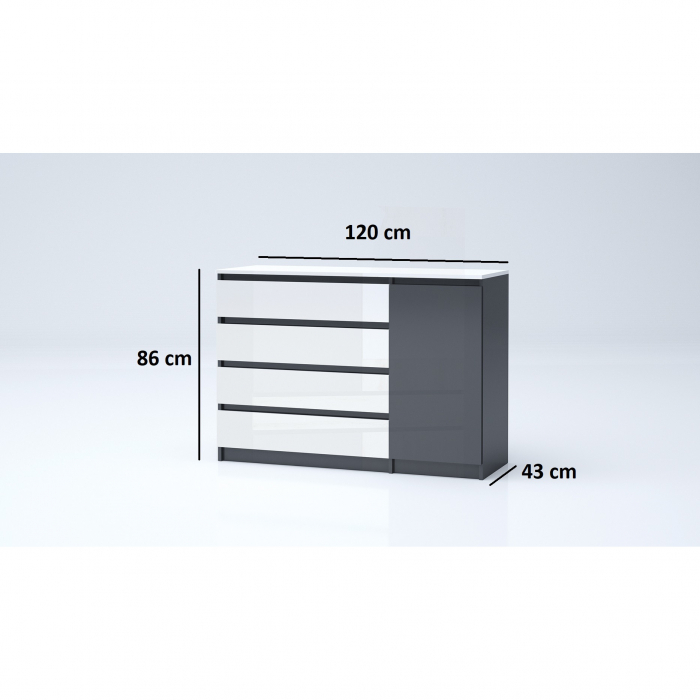 Comoda cu 1 usa si 4 sertare, pal alb lucios/ gri antracit lucios, 120x86x43 cm, Bortis Impex [2]