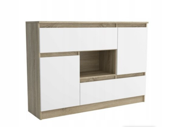 Comoda cu 2 sertare, 2 usi si raft, 120x85x33 cm, stejar sonoma/ alb, Bortis Impex [3]