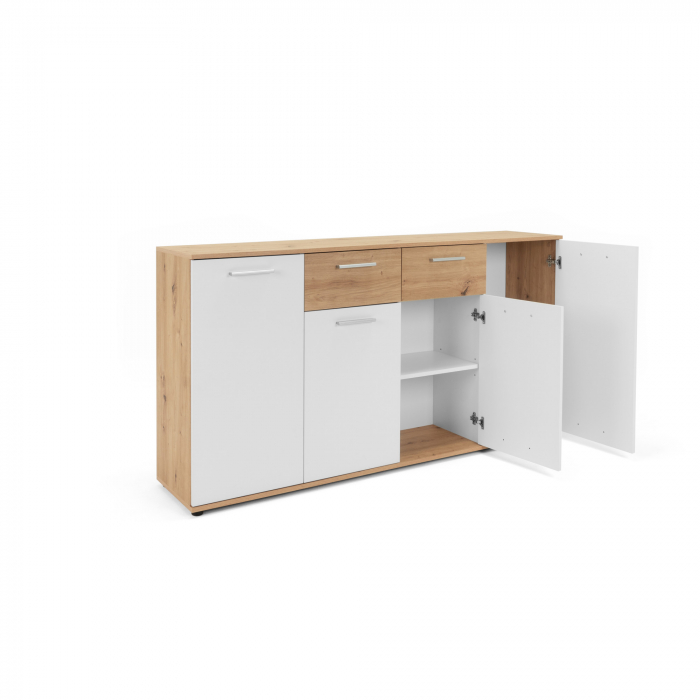 Comoda cu 2 sertare, 4 usi, 160x85x35 cm, stejar artisan/alb, pentru dormitor, living, hol sau birou, Bortis Impex [8]