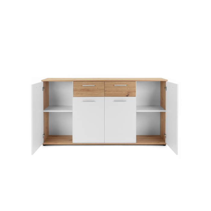 Comoda cu 2 sertare, 4 usi, 160x85x35 cm, stejar artisan/alb, pentru dormitor, living, hol sau birou, Bortis Impex [10]