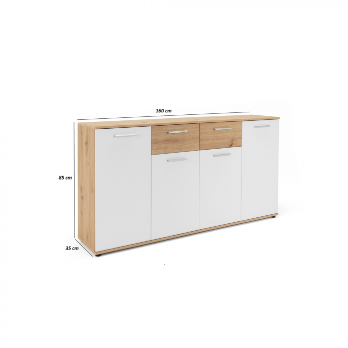 Comoda cu 2 sertare, 4 usi, 160x85x35 cm, stejar artisan/alb, pentru dormitor, living, hol sau birou, Bortis Impex [3]