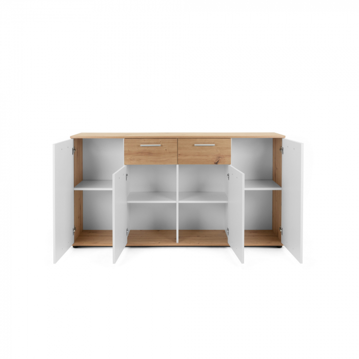 Comoda cu 2 sertare, 4 usi, 160x85x35 cm, stejar artisan/alb, pentru dormitor, living, hol sau birou, Bortis Impex [9]