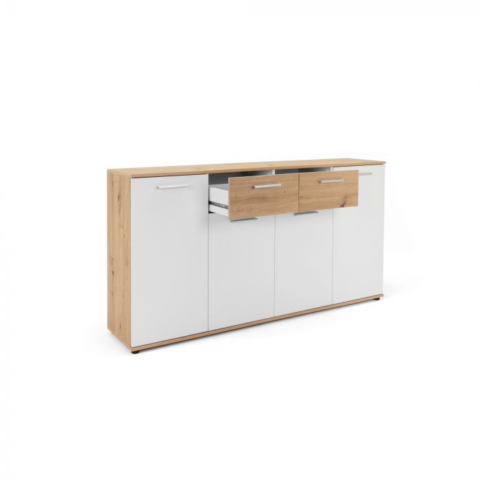 Comoda cu 2 sertare, 4 usi, 160x85x35 cm, stejar artisan/alb, pentru dormitor, living, hol sau birou, Bortis Impex [5]