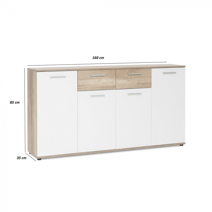 Comoda cu 2 sertare, 4 usi, 160x85x35 cm, stejar sonoma/alb, pentru dormitor, living, hol sau birou, Bortis Impex [2]