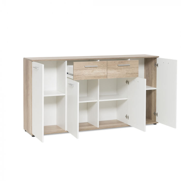 Comoda cu 2 sertare, 4 usi, 160x85x35 cm, stejar sonoma/alb, pentru dormitor, living, hol sau birou, Bortis Impex [6]