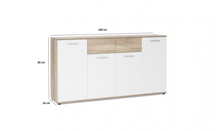 Comoda cu 2 sertare, 4 usi, 160x85x35 cm, stejar sonoma/alb, pentru dormitor, living, hol sau birou, Bortis Impex [4]