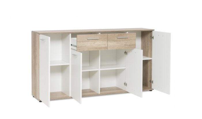 Comoda cu 2 sertare, 4 usi, 160x85x35 cm, stejar sonoma/alb, pentru dormitor, living, hol sau birou, Bortis Impex [3]