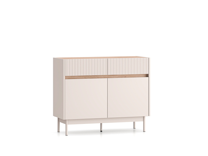 Comoda cu 2 sertare si 2 usi , pal casmir/stejar, fronturi sertare cu caneluri riflaj, 104 cm lungime x 40 cm adancimex 85 cm inaltime, pe picioare [2]