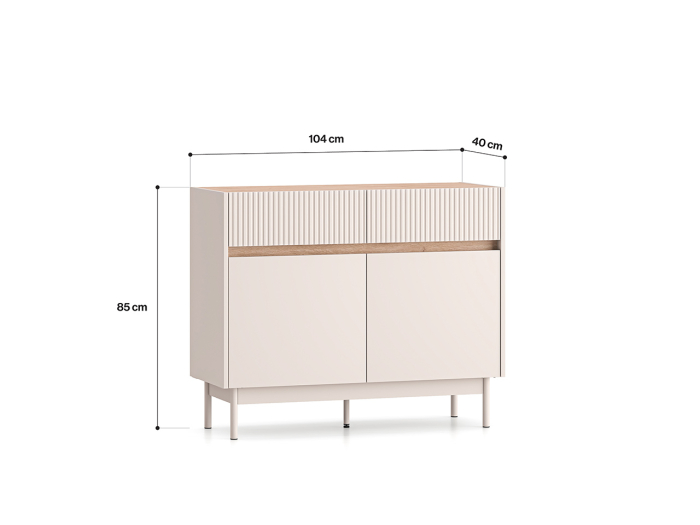 Comoda cu 2 sertare si 2 usi , pal casmir/stejar, fronturi sertare cu caneluri riflaj, 104 cm lungime x 40 cm adancimex 85 cm inaltime, pe picioare [6]