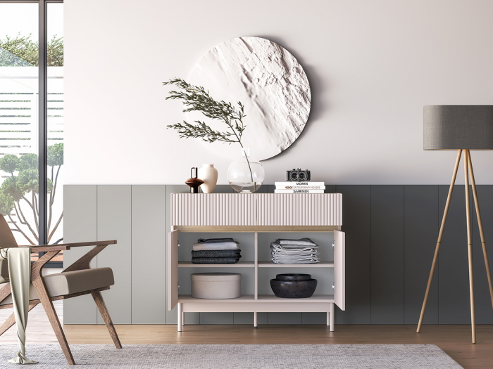 Comoda cu 2 sertare si 2 usi , pal casmir/stejar, fronturi sertare cu caneluri riflaj, 104 cm lungime x 40 cm adancimex 85 cm inaltime, pe picioare [5]