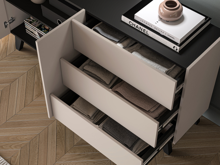 Comoda cu 2 usi si 3 sertare , pal casmir/negru, pe picioare, 160cm lungime x 40cm adancime x 85 cm inaltime, deschidere push open, canturi abs, inchidere  usi silentioasa [8]