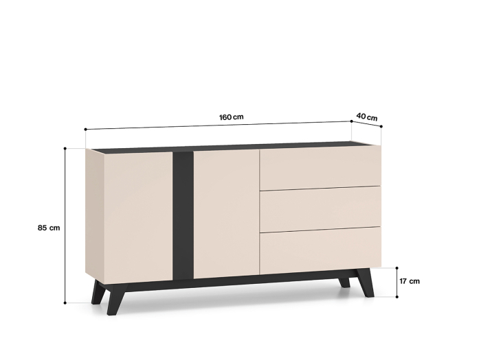 Comoda cu 2 usi si 3 sertare , pal casmir/negru, pe picioare, 160cm lungime x 40cm adancime x 85 cm inaltime, deschidere push open, canturi abs, inchidere  usi silentioasa [5]