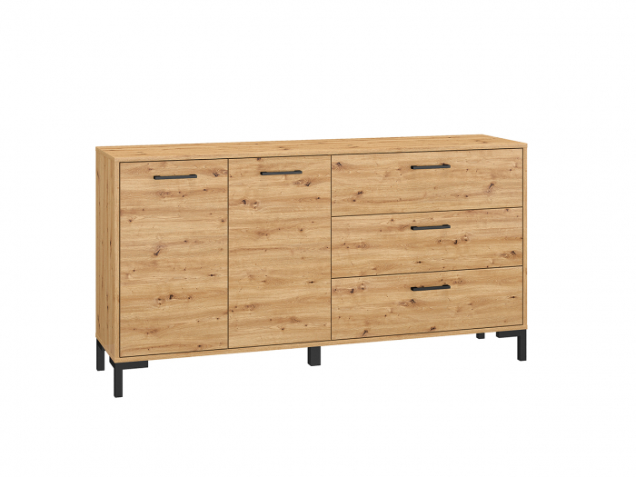 Comoda cu 2 usi si 3 sertare stejar artisan /manere, picioare negre, 159 cm lungime , 40 cm adancime [1]