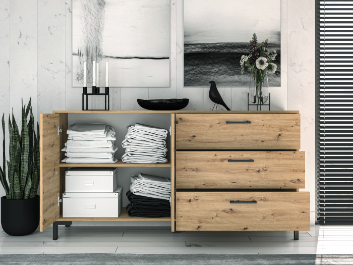 Comoda cu 2 usi si 3 sertare stejar artisan /manere, picioare negre, 159 cm lungime , 40 cm adancime [4]