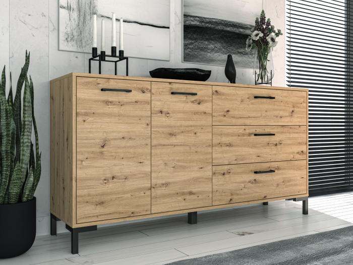 Comoda cu 2 usi si 3 sertare stejar artisan /manere, picioare negre, 159 cm lungime , 40 cm adancime [2]