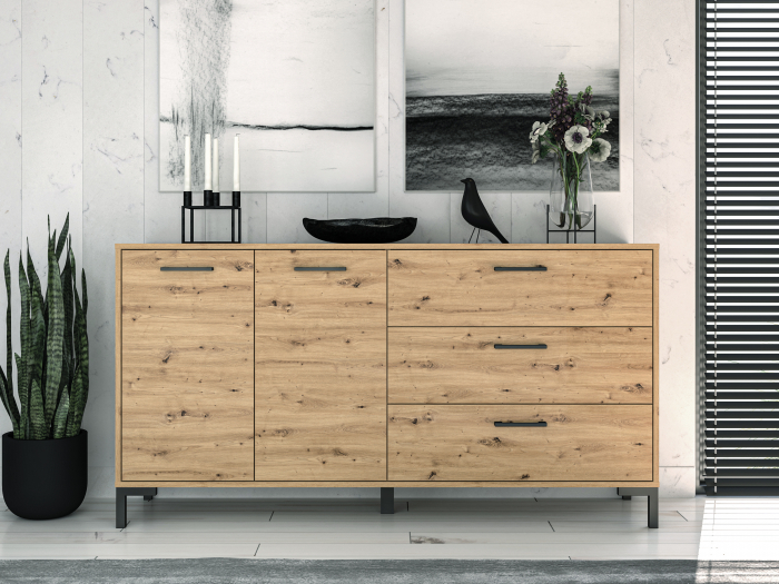 Comoda cu 2 usi si 3 sertare stejar artisan /manere, picioare negre, 159 cm lungime , 40 cm adancime [3]