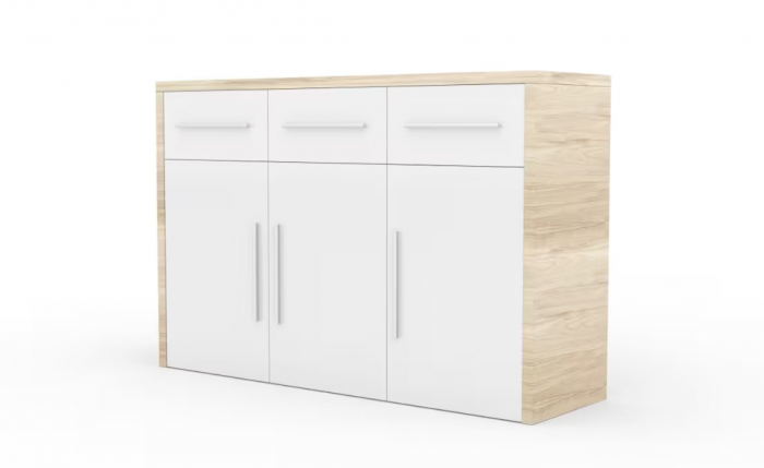 Comoda cu 3 sertare, 3 usi, pentru  dormitor /camera de zi/hol, alb lucios /stejar sonoma , 130 cm lungime, 39 cm adancime x 98cm inaltime, [2]