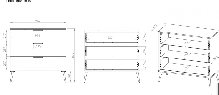 Comoda cu 3 sertare,  moderna/lux ,pal alb alpin /auriu , picioare si manere auriu, 92 cm x 88 x 40 cm, spatioasa , pentru living, dormitor , spatiu comercial, hol [2]