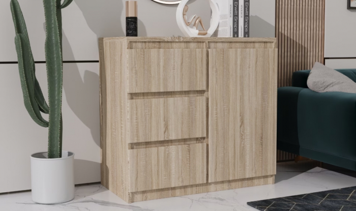 Comoda cu 3 sertare si 1 usa, moderna, fara manere, 80x85x33 cm, stejar sonoma, pentru living, dormitor, hol, Bortis Impex [2]
