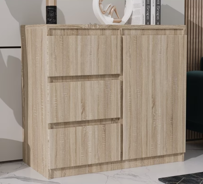 Comoda cu 3 sertare si 1 usa, moderna, fara manere, 80x85x33 cm, stejar sonoma, pentru living, dormitor, hol, Bortis Impex [3]