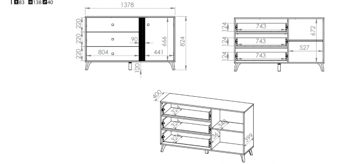 Comoda cu 3 sertare si 1 usa, stejar artisan/negru, 138x83x40 cm, modern ,model pe mijloc usa, picioare negre , pentru living , dormitor, hol [7]