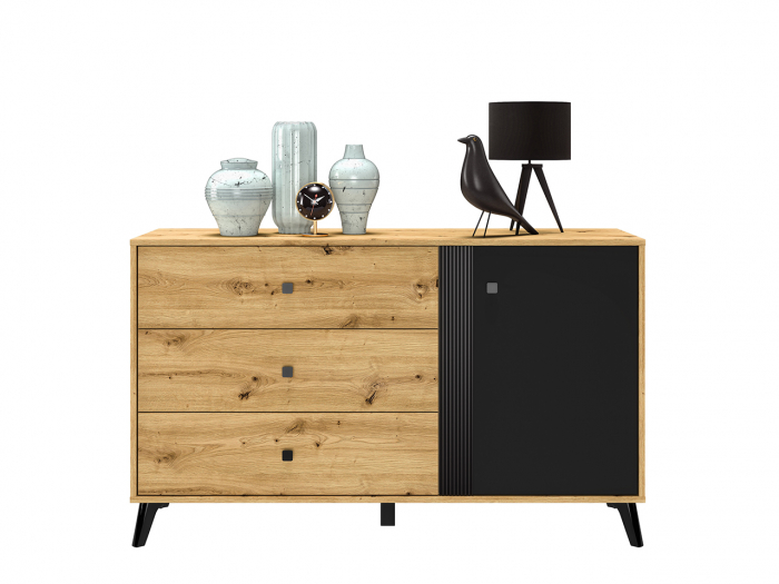 Comoda cu 3 sertare si 1 usa, stejar artisan/negru, 138x83x40 cm, modern ,model pe mijloc usa, picioare negre , pentru living , dormitor, hol [4]