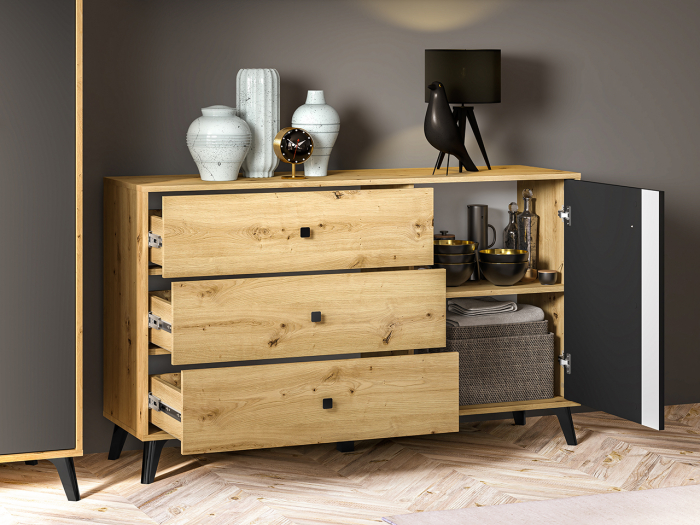 Comoda cu 3 sertare si 1 usa, stejar artisan/negru, 138x83x40 cm, modern ,model pe mijloc usa, picioare negre , pentru living , dormitor, hol [2]