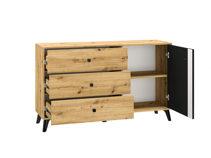 Comoda cu 3 sertare si 1 usa, stejar artisan/negru, 138x83x40 cm, modern ,model pe mijloc usa, picioare negre , pentru living , dormitor, hol [5]