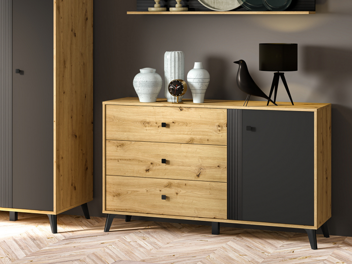 Comoda cu 3 sertare si 1 usa, stejar artisan/negru, 138x83x40 cm, modern ,model pe mijloc usa, picioare negre , pentru living , dormitor, hol [3]