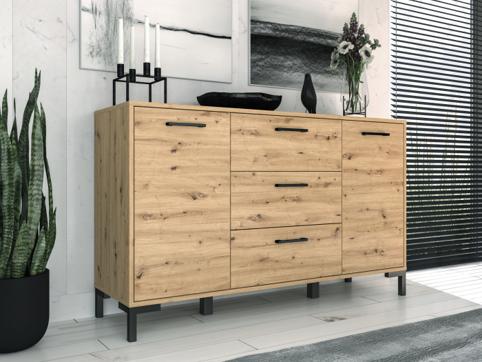 Comoda cu 3 sertare si 2 usi, 138 cm lungime x 40 cm adancime, stejar artisan , manere si picioare negre [4]