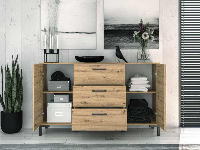 Comoda cu 3 sertare si 2 usi, 138 cm lungime x 40 cm adancime, stejar artisan , manere si picioare negre [3]
