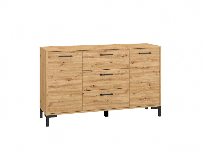 Comoda cu 3 sertare si 2 usi, 138 cm lungime x 40 cm adancime, stejar artisan , manere si picioare negre [1]