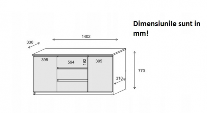 Comoda cu 3 sertare si 2 usi, 140x77x33 cm, stejar sonoma/alb, Bortis impex [2]