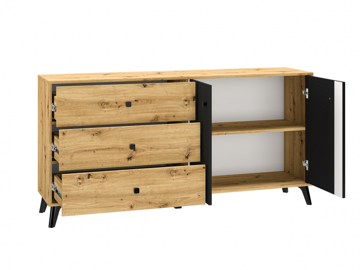 Comoda cu 3 sertare si 2 usi, stejar artisan/negru, 165x83x40 cm, modern ,model pe mijloc usa, picioare negre , pentru living , dormitor, hol [4]
