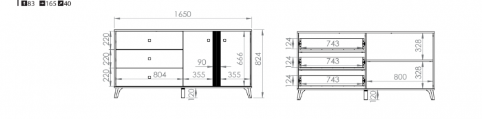 Comoda cu 3 sertare si 2 usi, stejar artisan/negru, 165x83x40 cm, modern ,model pe mijloc usa, picioare negre , pentru living , dormitor, hol [6]