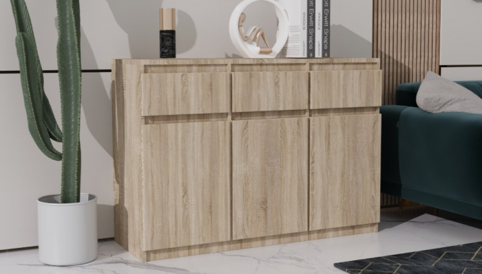 Comoda cu 3 sertare si 3 usi, moderna, fara manere, 120x85x33 cm, stejar sonoma, pentru living, dormitor, hol, Bortis Impex [2]