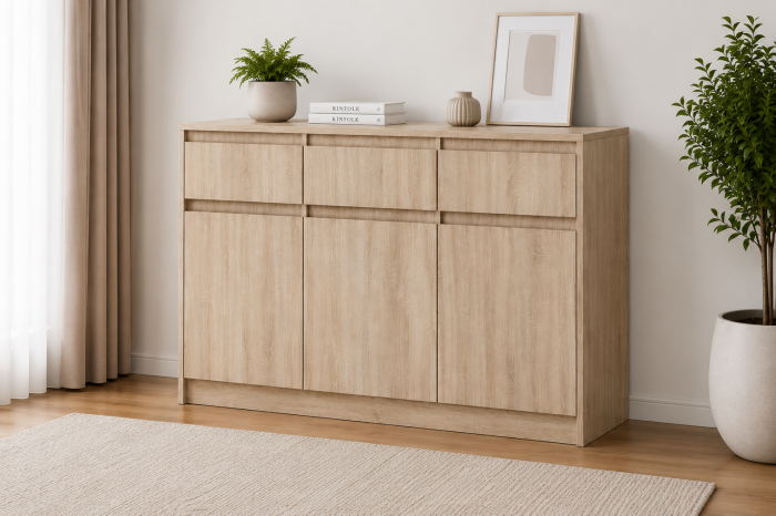Comoda cu 3 sertare si 3 usi, moderna, fara manere, 120x85x33 cm, stejar sonoma, pentru living, dormitor, hol, Bortis Impex [2]