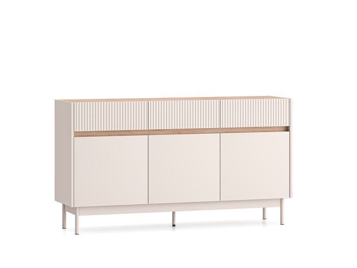 Comoda cu 3 sertare si 3 usi , pal casmir/stejar, fronturi sertare cu caneluri riflaj, 154 cm lungime x 40 cm adancimex 85 cm inaltime, pe picioare [2]