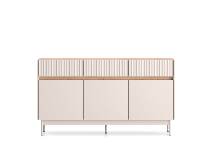 Comoda cu 3 sertare si 3 usi , pal casmir/stejar, fronturi sertare cu caneluri riflaj, 154 cm lungime x 40 cm adancimex 85 cm inaltime, pe picioare [3]