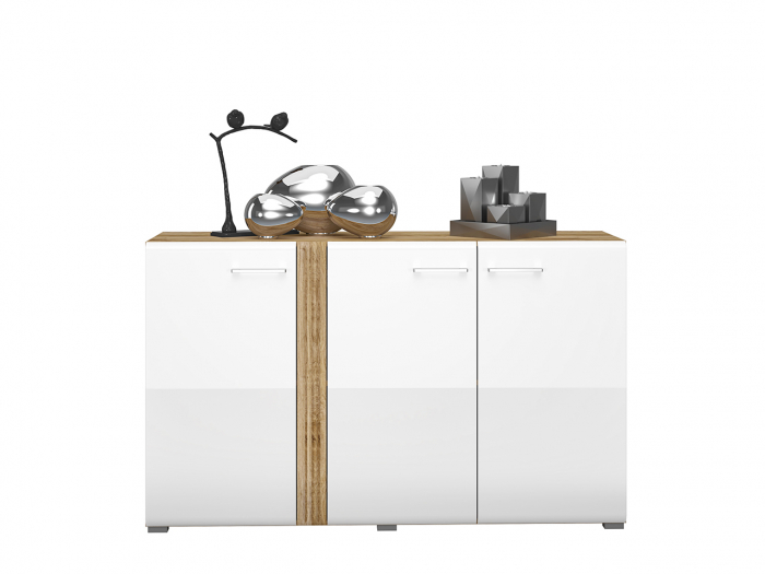 Comoda cu 3 usi, alb lucios+stejar, 150x90x42 cm, canturi abs, inchidere silentioasa usa , sertare extensie totala [6]