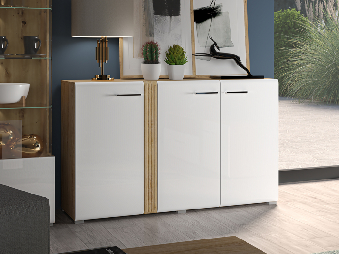 Comoda cu 3 usi, alb lucios+stejar, 150x90x42 cm, canturi abs, inchidere silentioasa usa , sertare extensie totala [5]