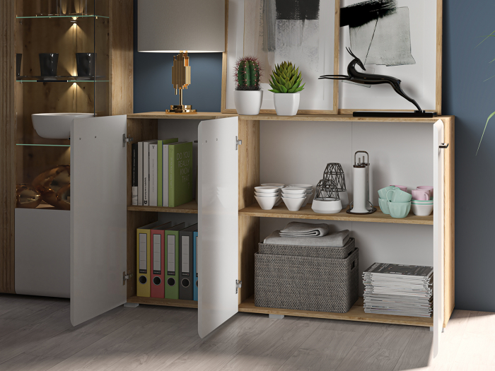 Comoda cu 3 usi, alb lucios+stejar, 150x90x42 cm, canturi abs, inchidere silentioasa usa , sertare extensie totala [4]