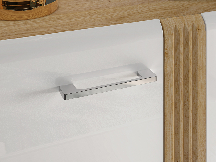 Comoda cu 3 usi, alb lucios+stejar, 150x90x42 cm, canturi abs, inchidere silentioasa usa , sertare extensie totala [3]