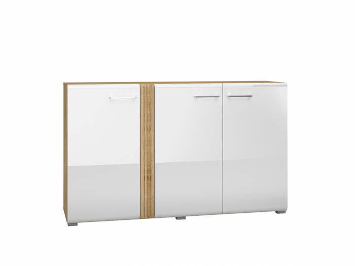 Comoda cu 3 usi, alb lucios+stejar, 150x90x42 cm, canturi abs, inchidere silentioasa usa , sertare extensie totala [8]