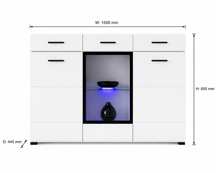 Comoda cu 3 usi si 2 sertare , 150 cm lungime x 44.5 cm adancime, pal alb si mdf lucios alb, vitrina sticla, modern, Bortis [2]