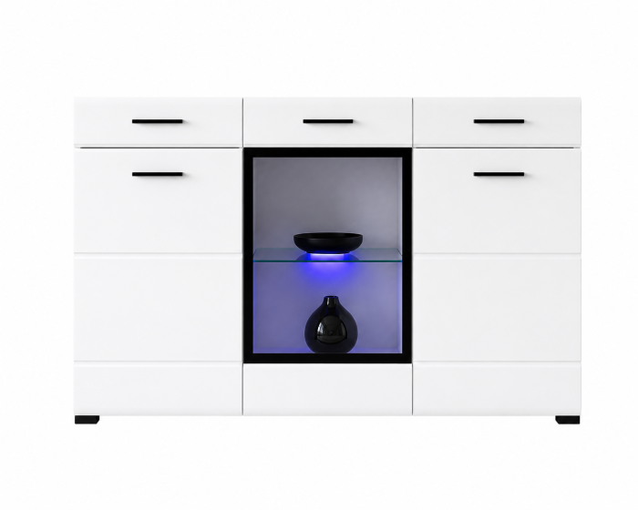 Comoda cu 3 usi si 2 sertare , 150 cm lungime x 44.5 cm adancime, pal alb si mdf lucios alb, vitrina sticla, modern, Bortis [3]