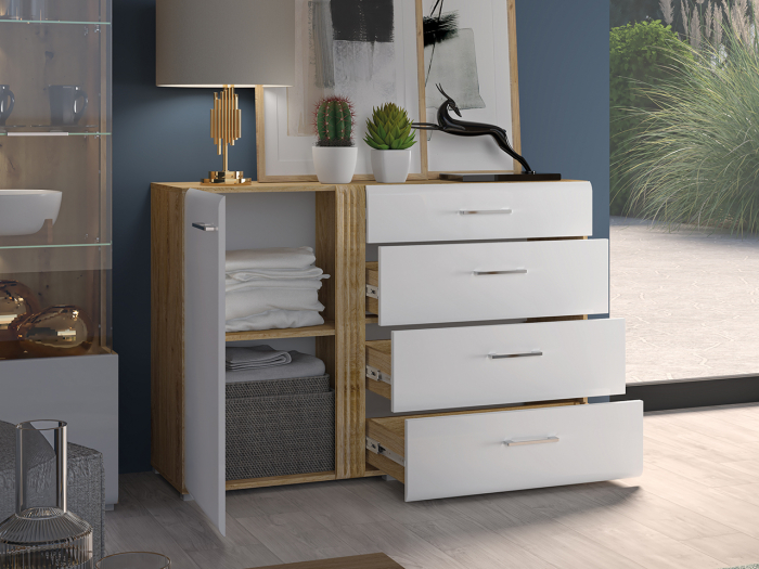 Comoda cu 4 sertare si 1 usa, alb lucios+stejar, 134x90x42 cm, canturi abs, inchidere silentioasa usa , sertare extensie totala [4]